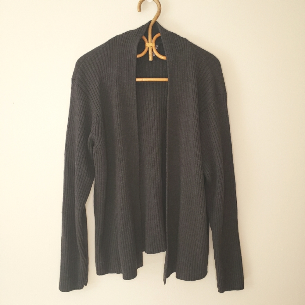 Eileen Fisher Open Front Cardigan 100% Merino Wool Charcoal Color Size Large